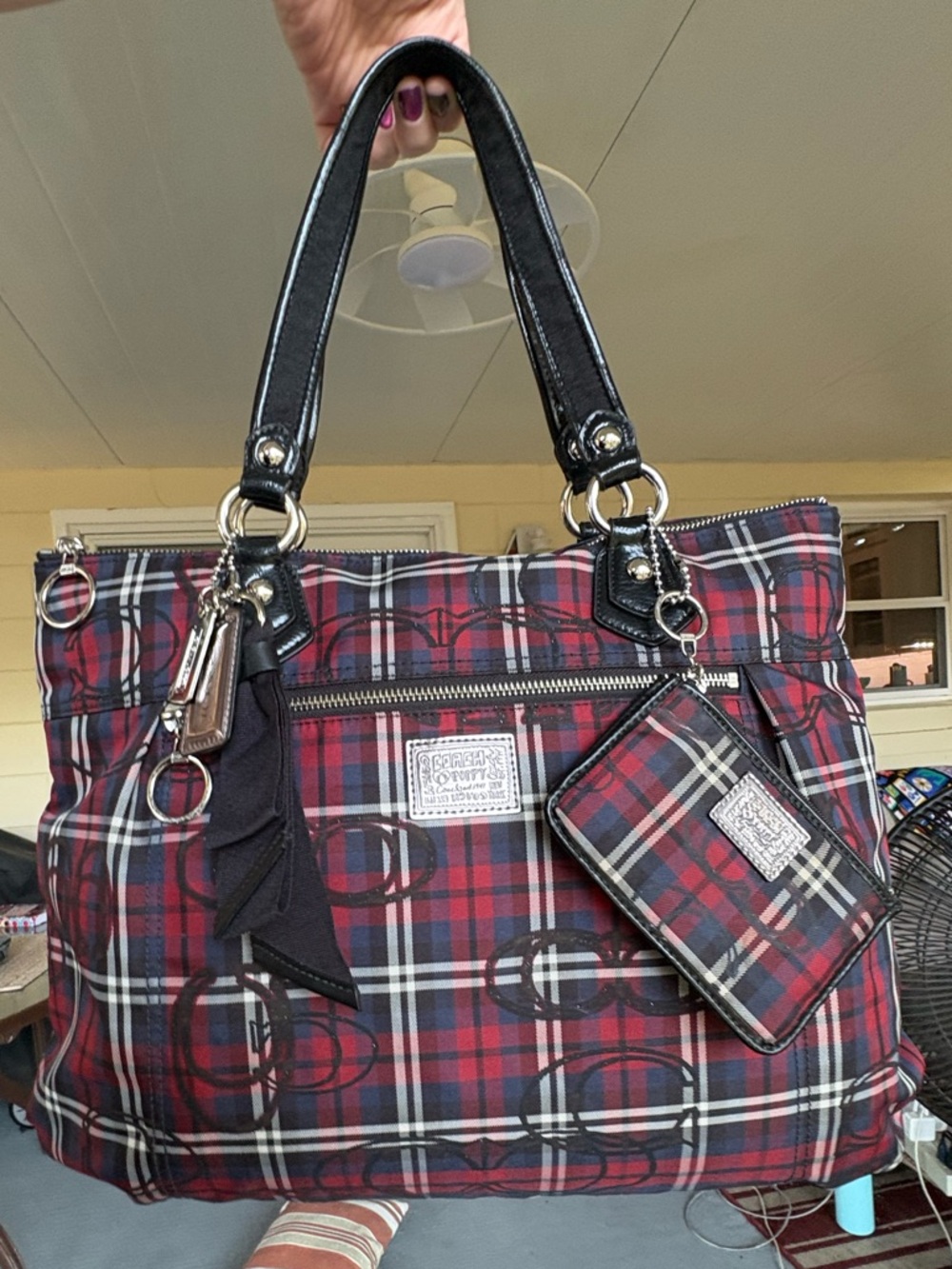 Coach Poppy Tartan Plaid Glam Tote + Cardholder (Red/Blue) 18713 - Picture 3 of 16
